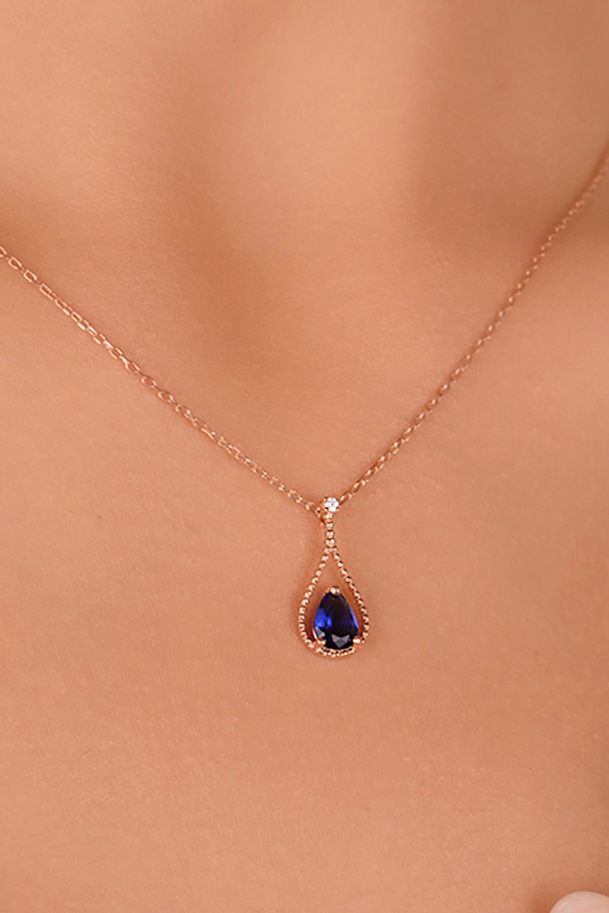 Jewelmim Safir Mavisi Su Damlası Rose Altın Kaplama Gümüş Kolye, şık gümüş kolye modelleri, sevgiliye gümüş kolye hediyesi