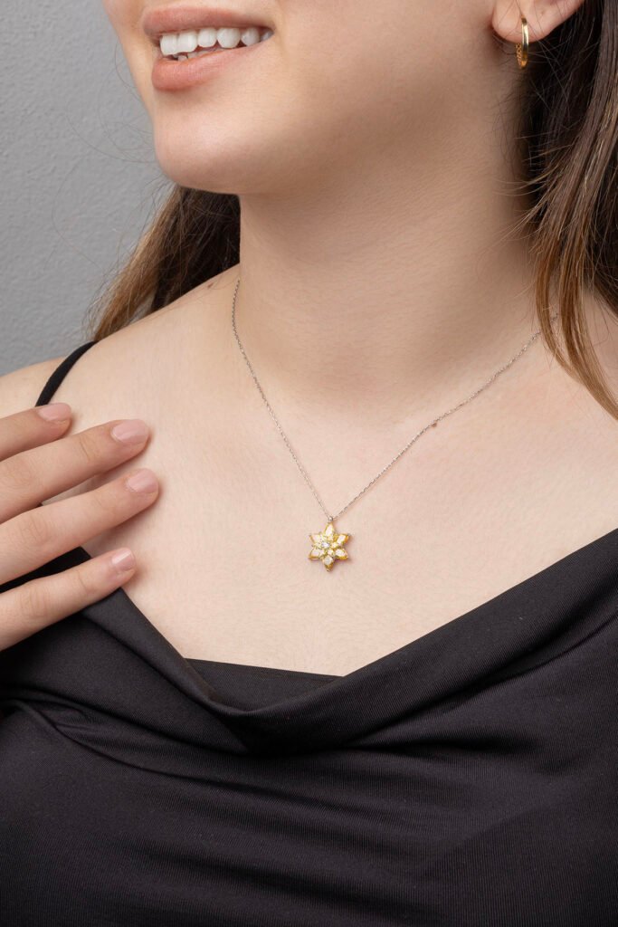 Sarı Taşlı Lotus Çiçeği 925 Ayar Gümüş Kolye | 18 Ayar Vermeil Premium Beyaz Altın Kaplama