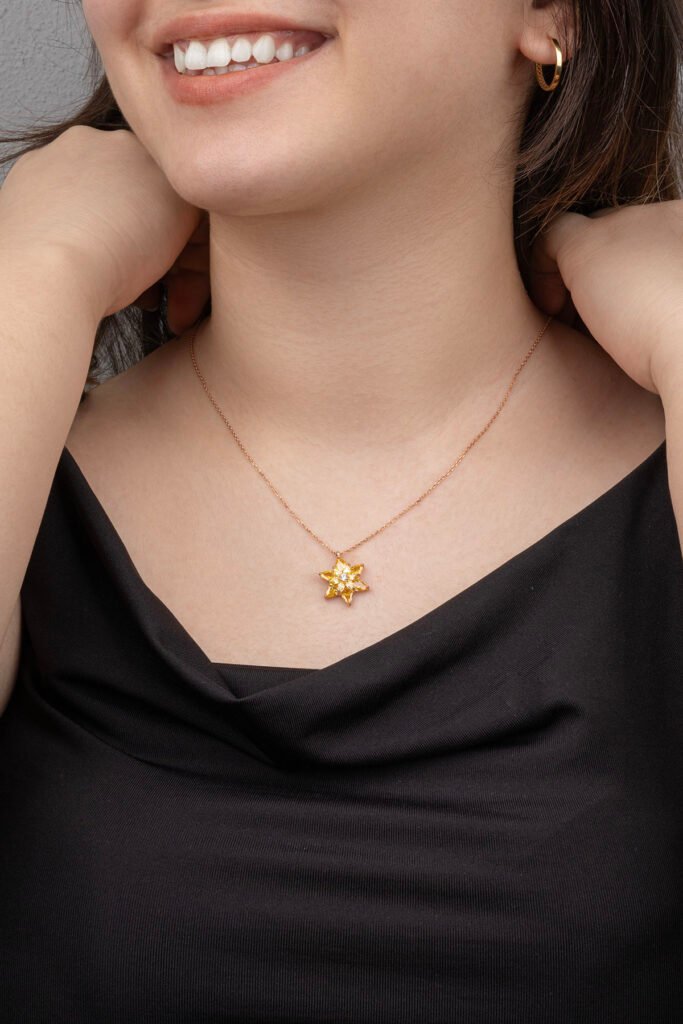 Sarı Taşlı Lotus Çiçeği 925 Ayar Gümüş Kolye | 18 Ayar Vermeil Premium Rose Altın Kaplama
