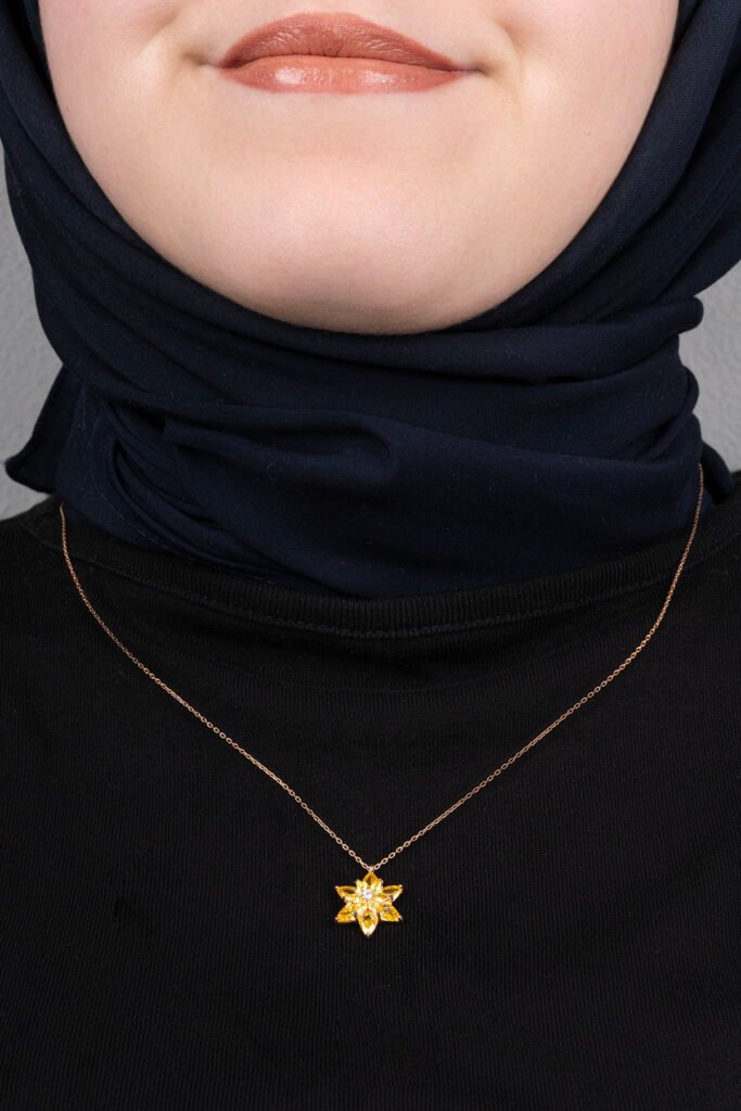 Sarı Taşlı Lotus Çiçeği 925 Ayar Gümüş Kolye | 18 Ayar Vermeil Premium Rose Altın Kaplama