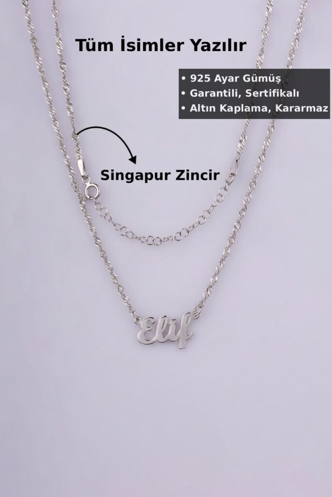 Kişiye Özel Singapur Zincir İsim 925 Ayar Gümüş Kolye | 18 Ayar Vermeil Premium Beyaz Altın Kaplama