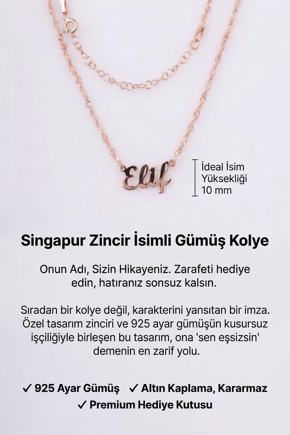Jewelmim Kişiye Özel Singapur Zincir İsim Rose Altın Kaplama Gümüş Kolye Detay Çekimi, eşe gümüş kolye hediyesi, en güzel kolye modelleri