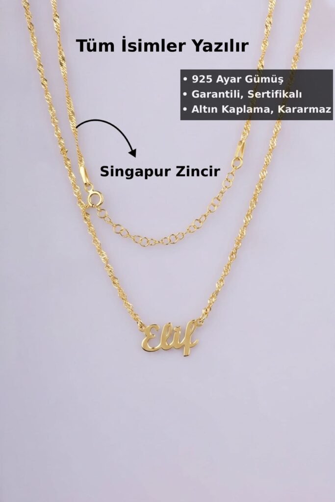 Kişiye Özel Singapur Zincir İsim 925 Ayar Gümüş Kolye | 18 Ayar Vermeil Premium Sarı Altın Kaplama