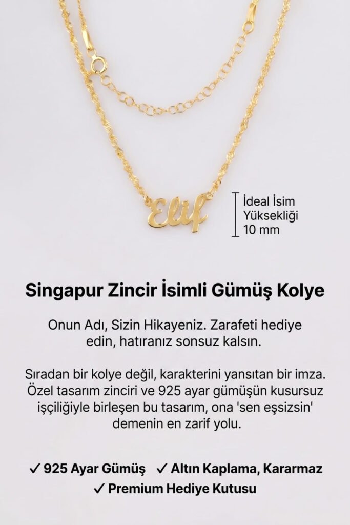 Kişiye Özel Singapur Zincir İsim 925 Ayar Gümüş Kolye | 18 Ayar Vermeil Premium Sarı Altın Kaplama