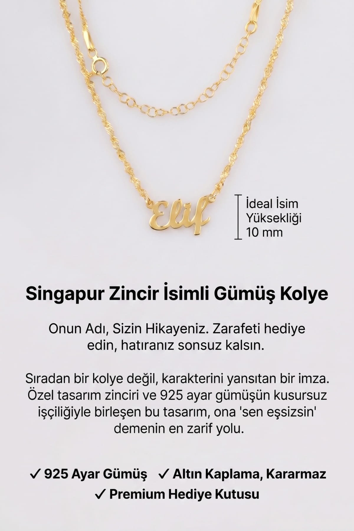 Jewelmim Kişiye Özel Singapur Zincir İsim Sarı Altın Kaplama Gümüş Kolye Detay Çekimi, eşe gümüş kolye hediyesi, en güzel kolye modelleri