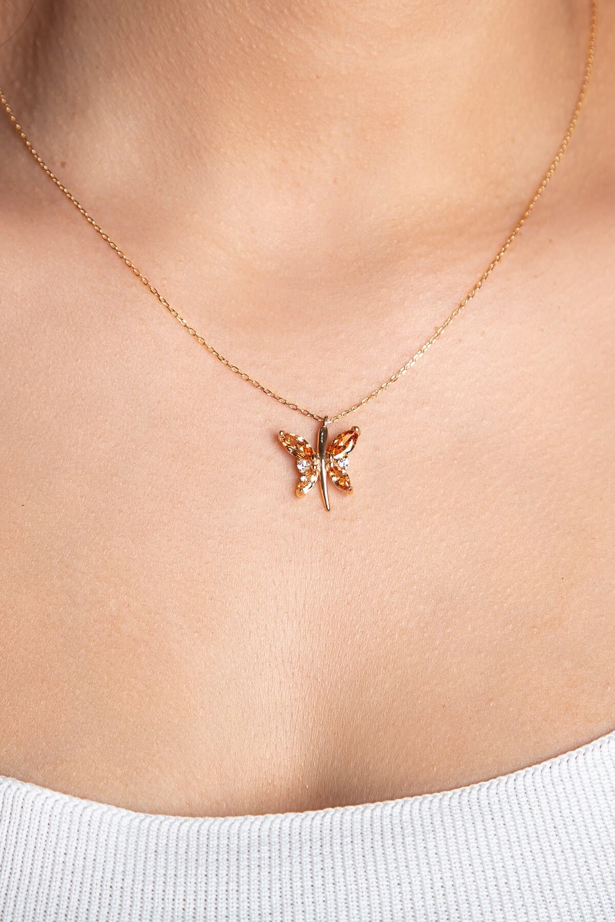 Jewelmim Sitrin Sarı Kelebek Rose Altın Kaplama Gümüş Kolye Görünüm Detay Çekimi, doğum günü gümüş kolye hediyesi, özel tasarım gümüş kolyeler