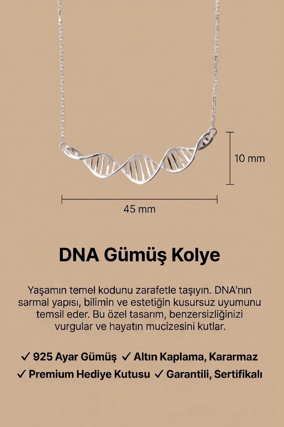 Jewelmim Sonsuz Bağ DNA Beyaz Altın Kaplama Gümüş Kolye Duruş Detay Çekimi, anneye gümüş kolye hediyesi, zarif gümüş kolye modelleri