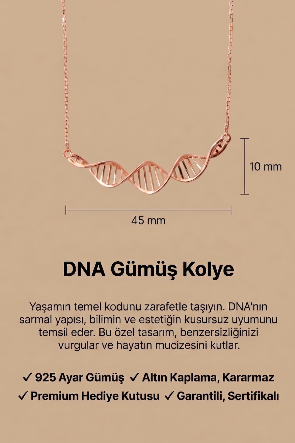 Jewelmim Sonsuz Bağ DNA Rose Altın Kaplama Gümüş Kolye Duruş Detay Çekimi, anneye gümüş kolye hediyesi, zarif gümüş kolye modelleri