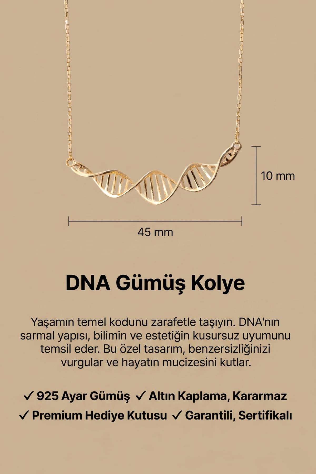 Jewelmim Sonsuz Bağ DNA Sarı Altın Kaplama Gümüş Kolye Duruş Detay Çekimi, anneye gümüş kolye hediyesi, zarif gümüş kolye modelleri