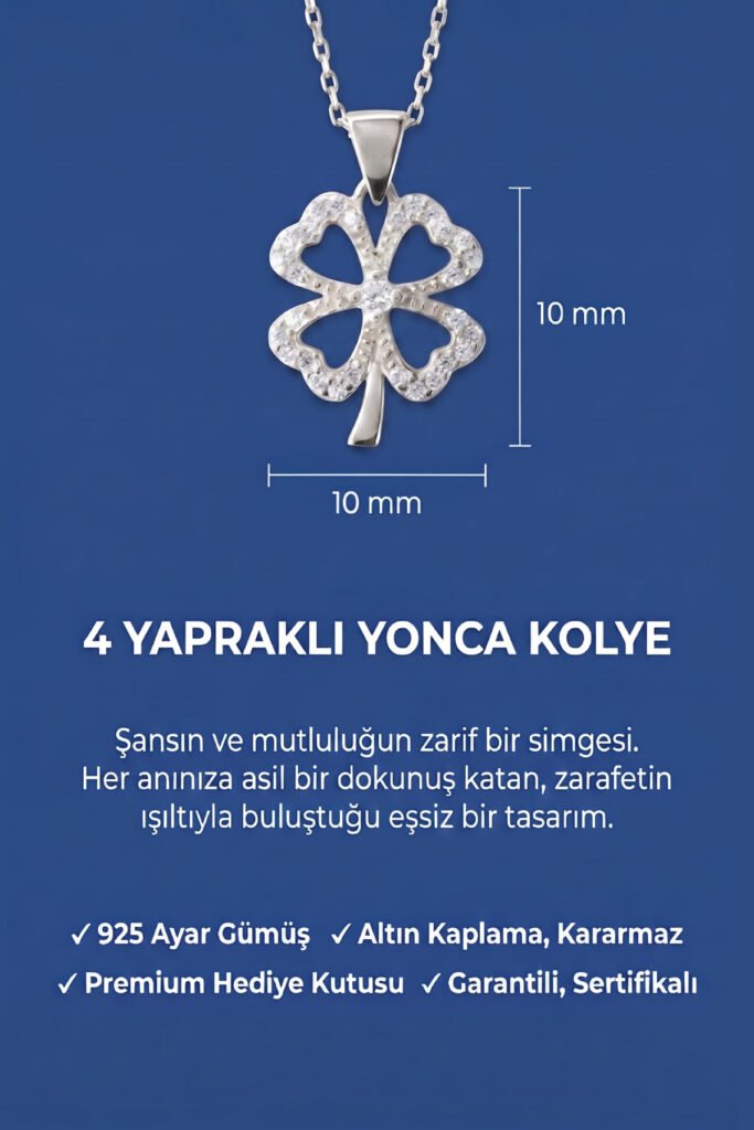 Taşlı 4 Yapraklı Yonca 925 Ayar Gümüş Kolye | 18 Ayar Vermeil Premium Beyaz Altın Kaplama