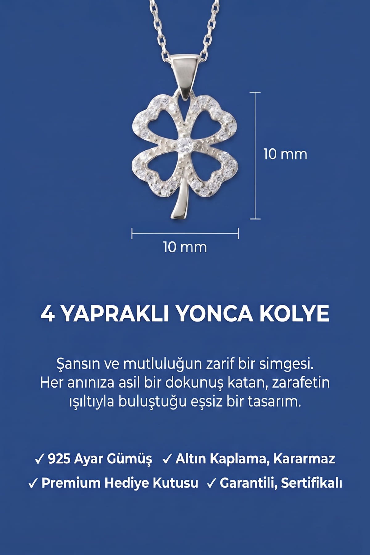 Jewelmim Taşlı 4 Yapraklı Yonca Beyaz Altın Kaplama Gümüş Kolye Duruş Detay Çekimi, anneye gümüş kolye hediyesi, zarif gümüş kolye modelleri