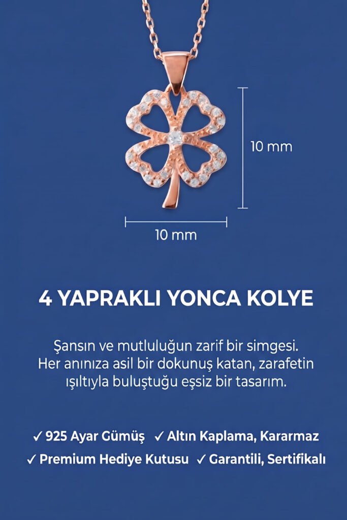 Taşlı 4 Yapraklı Yonca 925 Ayar Gümüş Kolye | 18 Ayar Vermeil Premium Rose Altın Kaplama