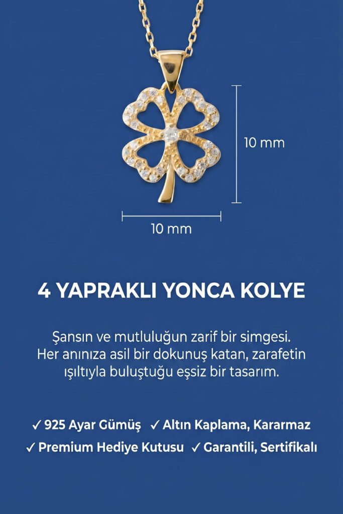Taşlı 4 Yapraklı Yonca 925 Ayar Gümüş Kolye | 18 Ayar Vermeil Premium Sarı Altın Kaplama