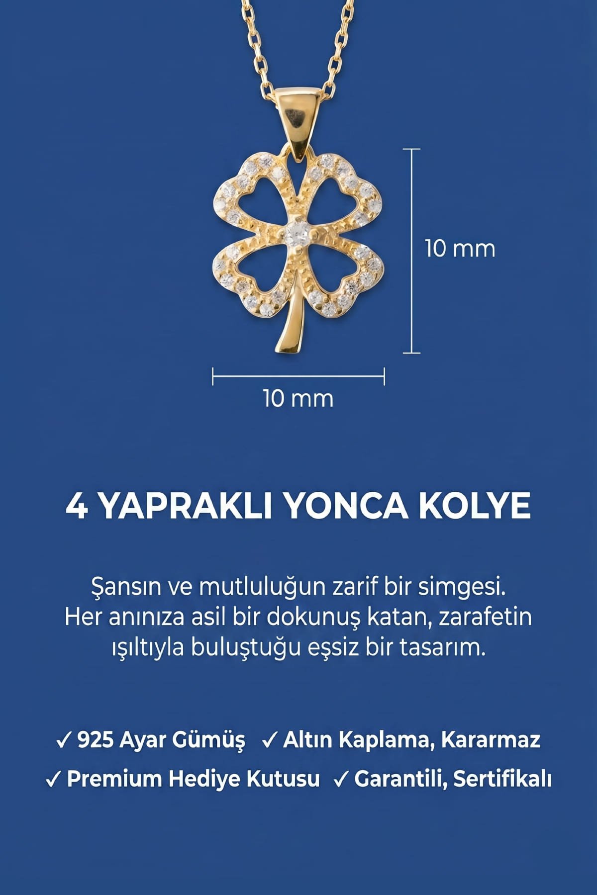 Jewelmim Taşlı 4 Yapraklı Yonca Sarı Altın Kaplama Gümüş Kolye Duruş Detay Çekimi, anneye gümüş kolye hediyesi, zarif gümüş kolye modelleri