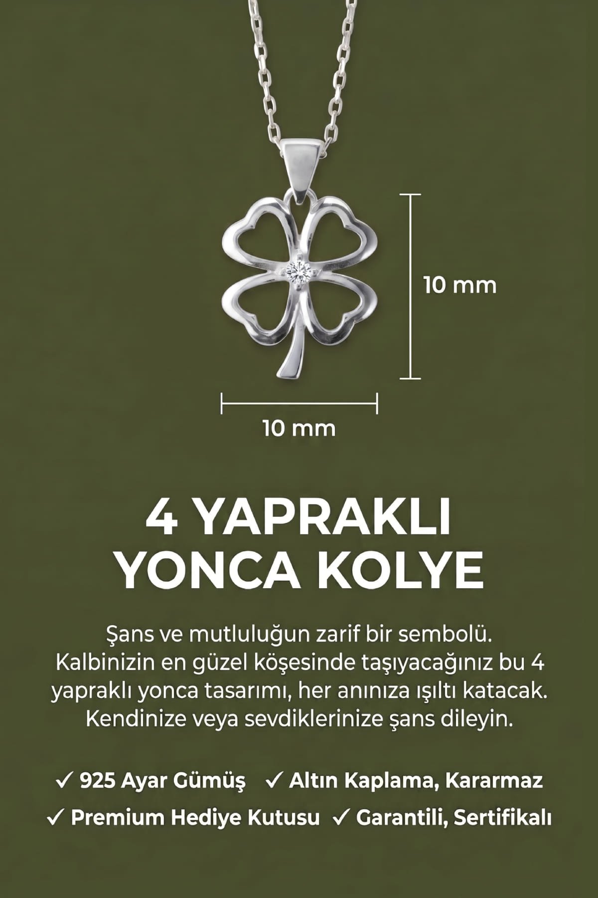 Jewelmim Tek Taşlı 4 Yapraklı Yonca Beyaz Altın Kaplama Gümüş Kolye Duruş Detay Çekimi, anneye gümüş kolye hediyesi, zarif gümüş kolye modelleri