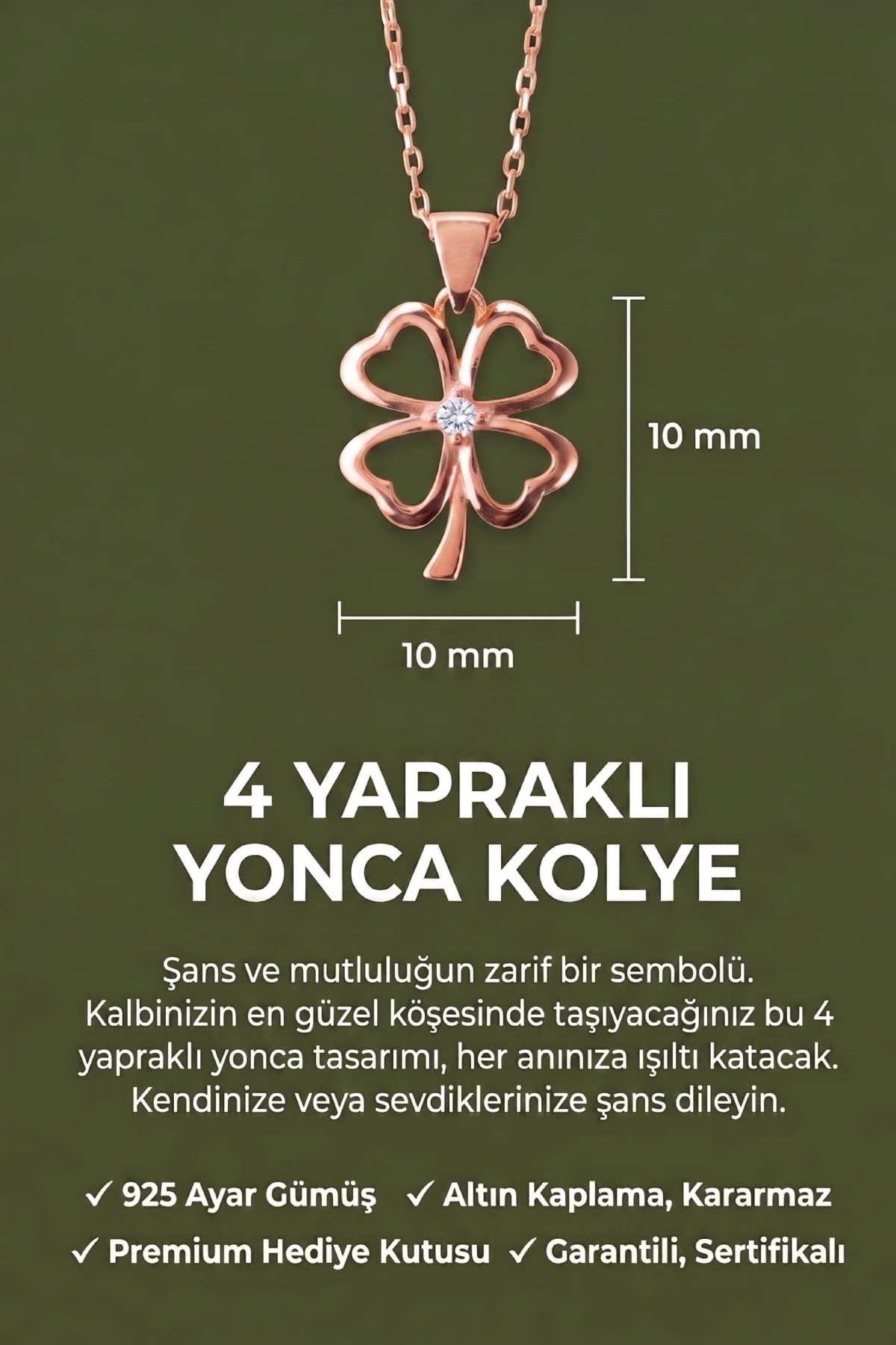 Jewelmim Tek Taşlı 4 Yapraklı Yonca Rose Altın Kaplama Gümüş Kolye Duruş Detay Çekimi, anneye gümüş kolye hediyesi, zarif gümüş kolye modelleri