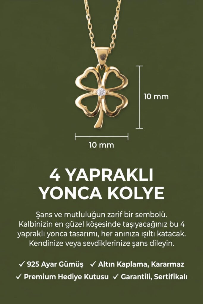 Tek Taşlı 4 Yapraklı Yonca 925 Ayar Gümüş Kolye | 18 Ayar Vermeil Premium Sarı Altın Kaplama