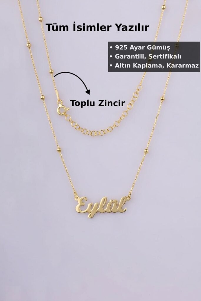 Kişiye Özel Toplu Zincir İsim 925 Ayar Gümüş Kolye | 18 Ayar Vermeil Premium Sarı Altın Kaplama