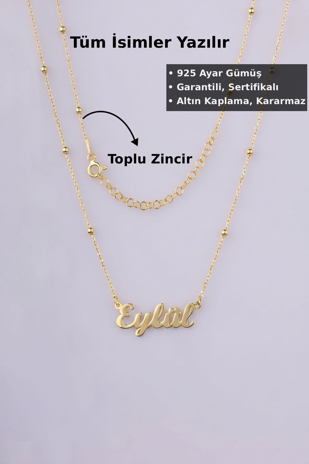 Jewelmim Kişiye Özel Toplu Zincir İsim Sarı Altın Kaplama Gümüş Kolye, şık gümüş kolye modelleri, sevgiliye gümüş kolye hediyesi