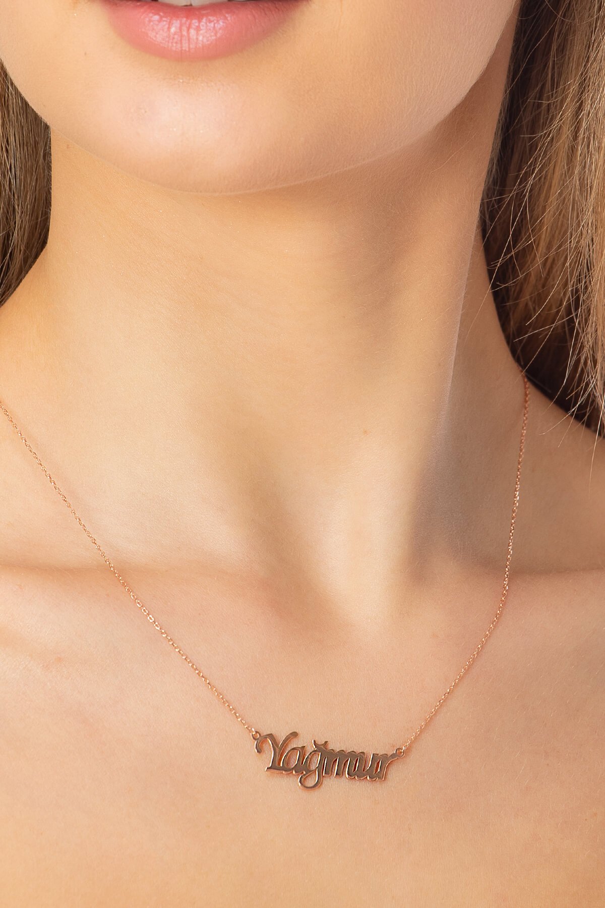 Jewelmim Kişiye Özel Yağmur İsimli Rose Altın Kaplama Gümüş Kolye, şık gümüş kolye modelleri, sevgiliye gümüş kolye hediyesi