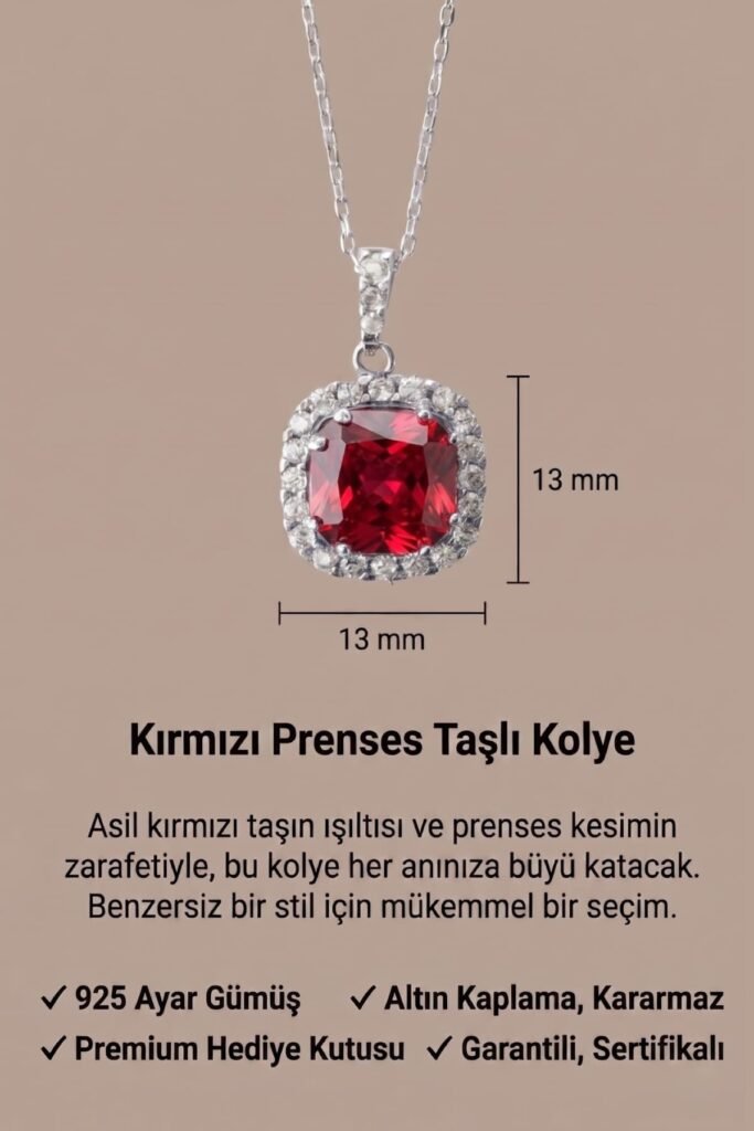 Yakut Kırmızısı Prenses Kesim 925 Ayar Gümüş Kolye | 18 Ayar Vermeil Premium Beyaz Altın Kaplama