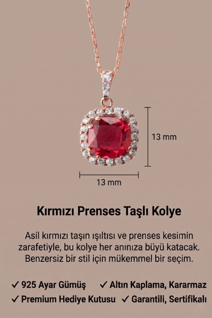 Yakut Kırmızısı Prenses Kesim 925 Ayar Gümüş Kolye | 18 Ayar Vermeil Premium Rose Altın Kaplama