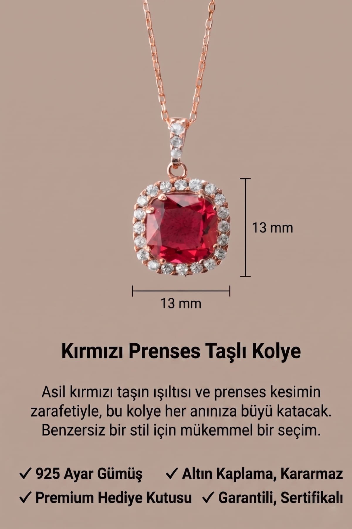 Jewelmim Yakut Kırmızısı Prenses Kesim Rose Altın Kaplama Gümüş Kolye Duruş Detay Çekimi, anneye gümüş kolye hediyesi, zarif gümüş kolye modelleri