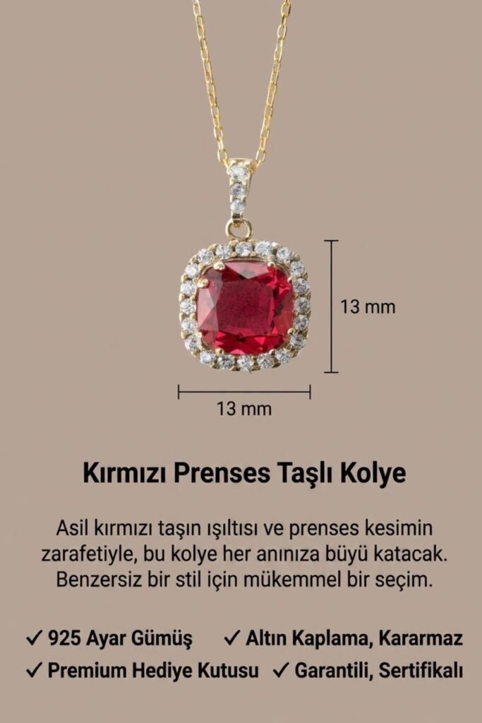 Yakut Kırmızısı Prenses Kesim 925 Ayar Gümüş Kolye | 18 Ayar Vermeil Premium Sarı Altın Kaplama