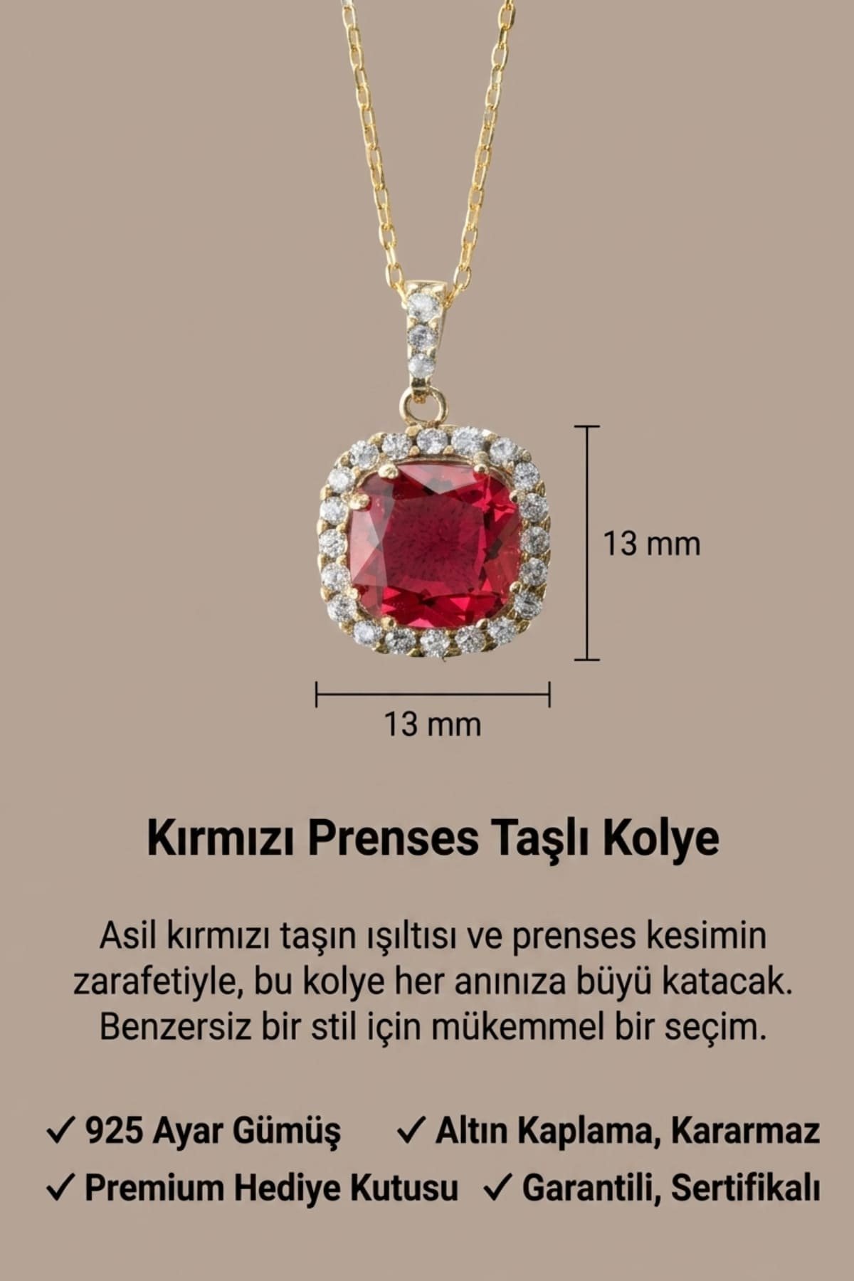 Jewelmim Yakut Kırmızısı Prenses Kesim Sarı Altın Kaplama Gümüş Kolye Duruş Detay Çekimi, anneye gümüş kolye hediyesi, zarif gümüş kolye modelleri