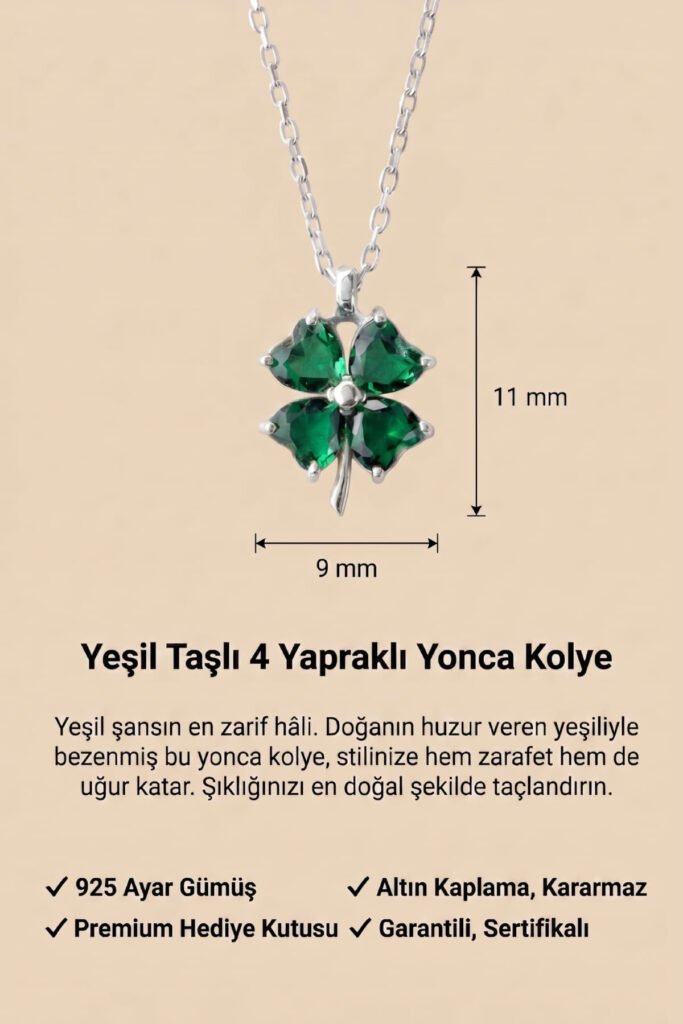 Yeşil Taşlı 4 Yapraklı Yonca 925 Ayar Gümüş Kolye | 18 Ayar Vermeil Premium Beyaz Altın Kaplama