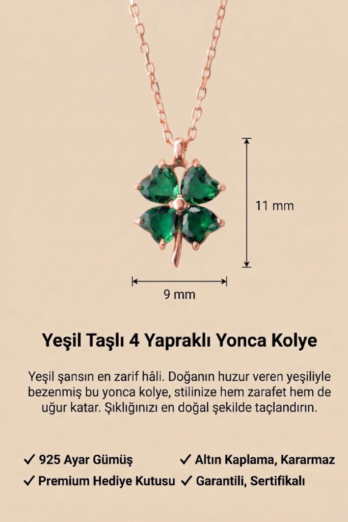 Yeşil Taşlı 4 Yapraklı Yonca 925 Ayar Gümüş Kolye | 18 Ayar Vermeil Premium Rose Altın Kaplama