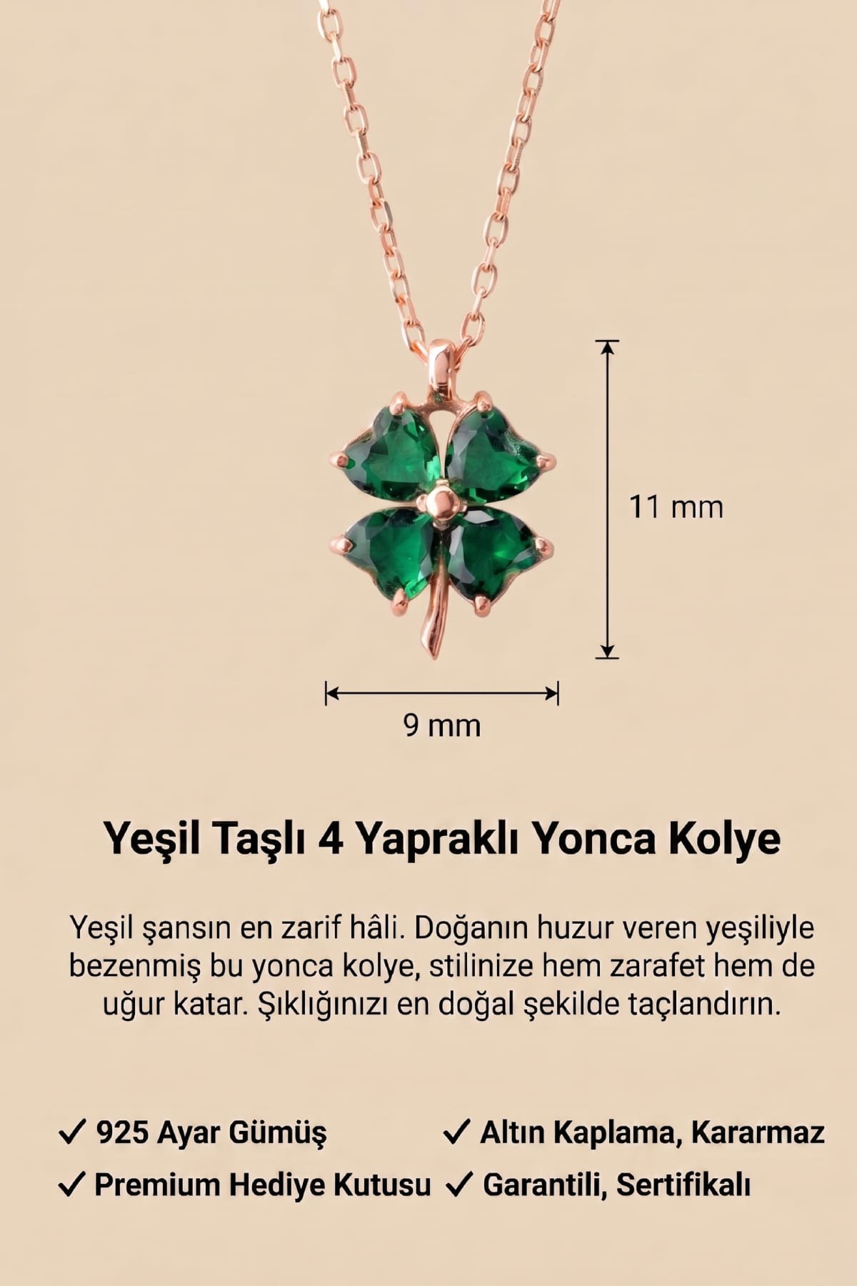 Jewelmim Yeşil Taşlı 4 Yapraklı Yonca Rose Altın Kaplama Gümüş Kolye Duruş Detay Çekimi, anneye gümüş kolye hediyesi, zarif gümüş kolye modelleri