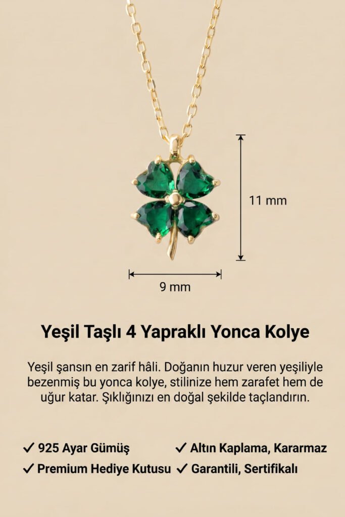Yeşil Taşlı 4 Yapraklı Yonca 925 Ayar Gümüş Kolye | 18 Ayar Vermeil Premium Sarı Altın Kaplama