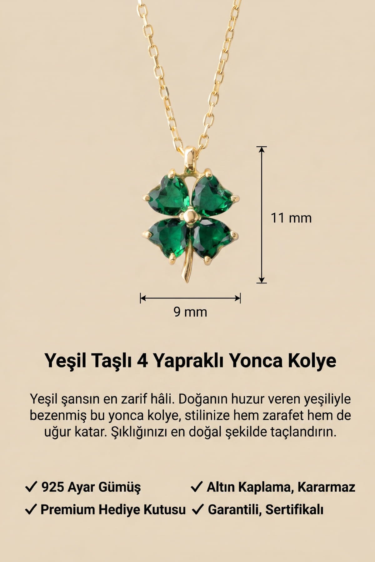 Jewelmim Yeşil Taşlı 4 Yapraklı Yonca Sarı Altın Kaplama Gümüş Kolye Duruş Detay Çekimi, anneye gümüş kolye hediyesi, zarif gümüş kolye modelleri