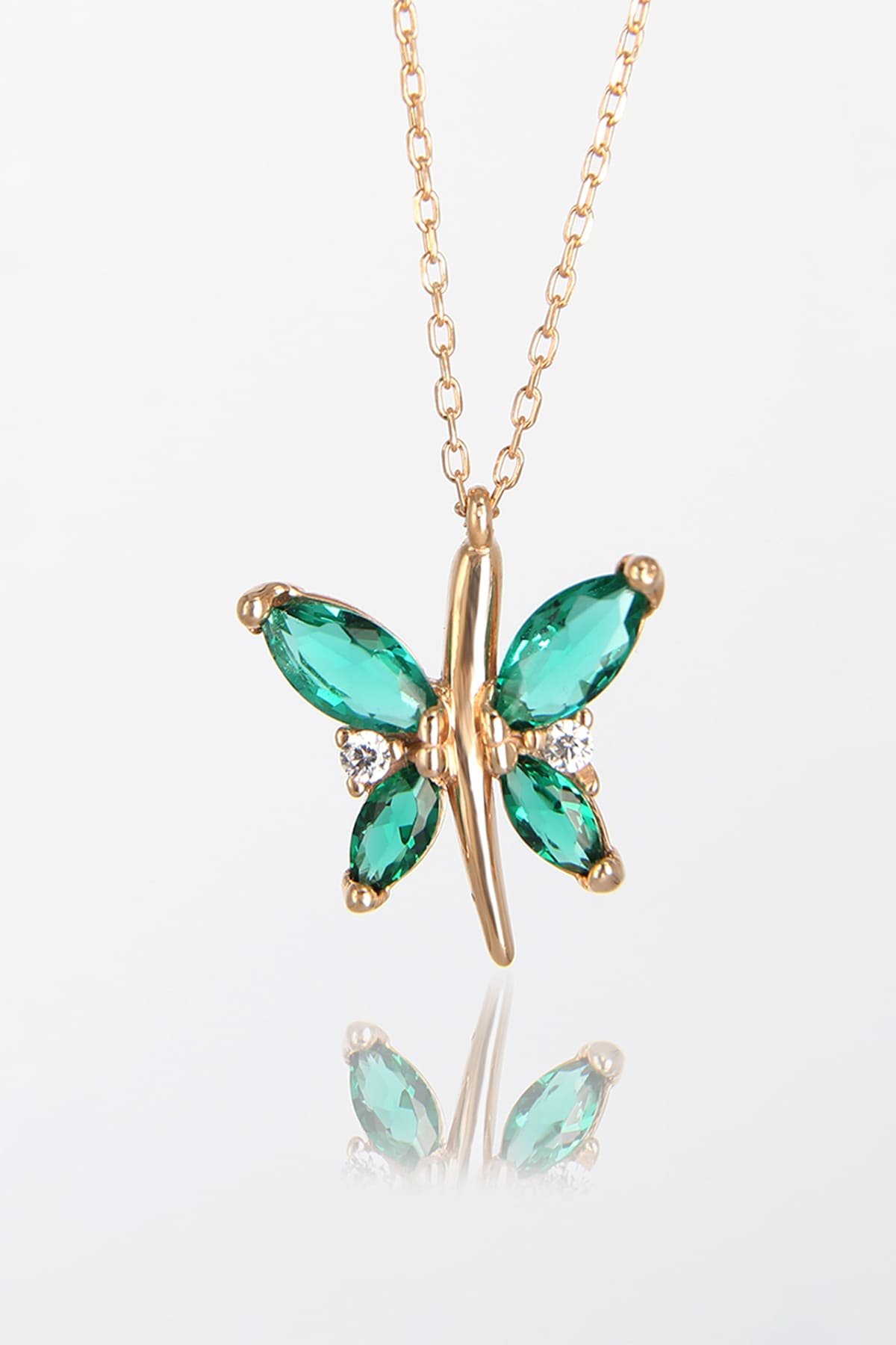 Jewelmim Yeşil Taşlı Kelebek Rose Altın Kaplama Gümüş Kolye, şık gümüş kolye modelleri, sevgiliye gümüş kolye hediyesi
