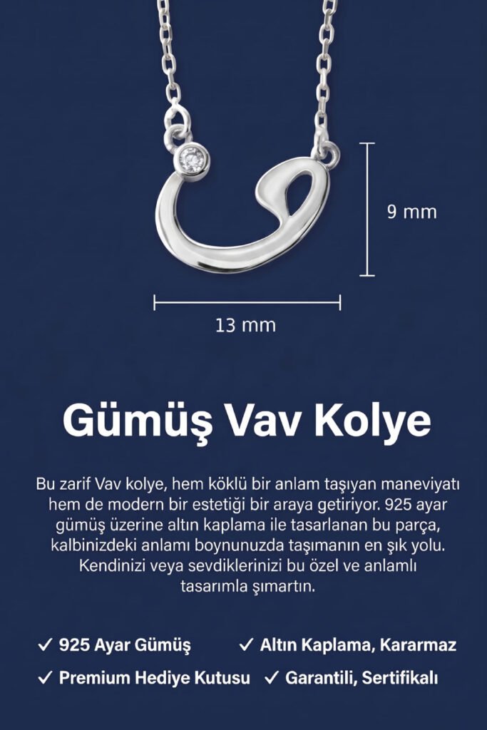 Zirkon Taşlı Vav Harfi 925 Ayar Gümüş Kolye | 18 Ayar Vermeil Premium Beyaz Altın Kaplama