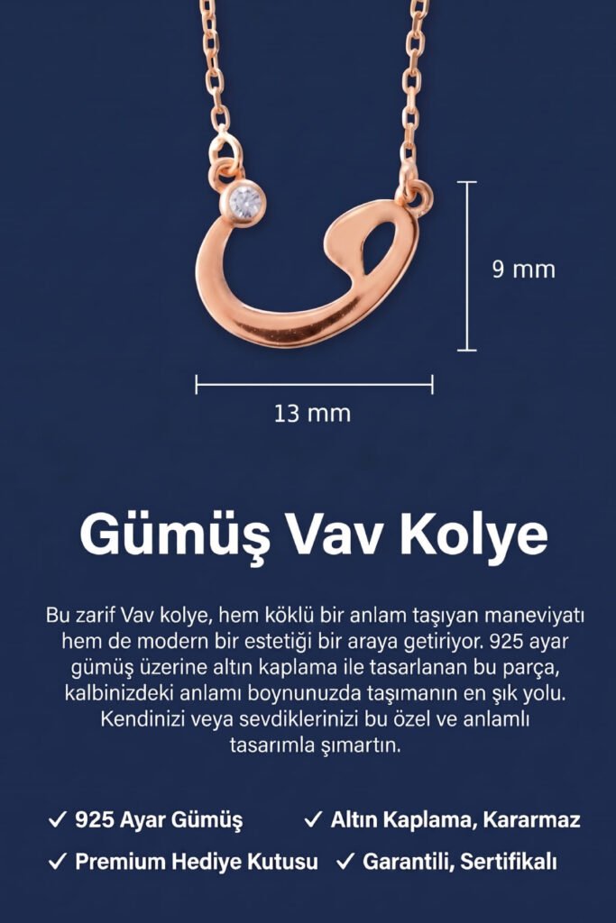 Zirkon Taşlı Vav Harfi 925 Ayar Gümüş Kolye | 18 Ayar Vermeil Premium Rose Altın Kaplama
