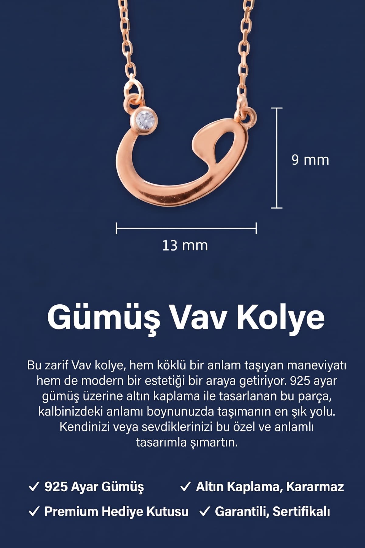 Jewelmim Zirkon Taşlı Vav Harfi Rose Altın Kaplama Gümüş Kolye Duruş Detay Çekimi, anneye gümüş kolye hediyesi, zarif gümüş kolye modelleri