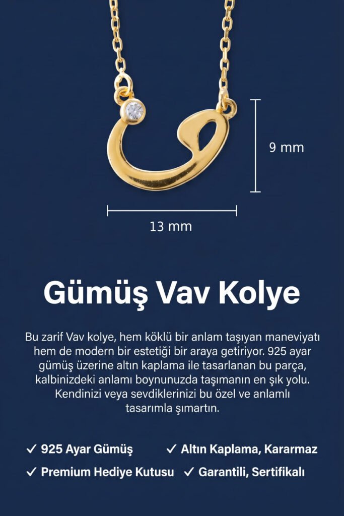 Zirkon Taşlı Vav Harfi 925 Ayar Gümüş Kolye | 18 Ayar Vermeil Premium Sarı Altın Kaplama