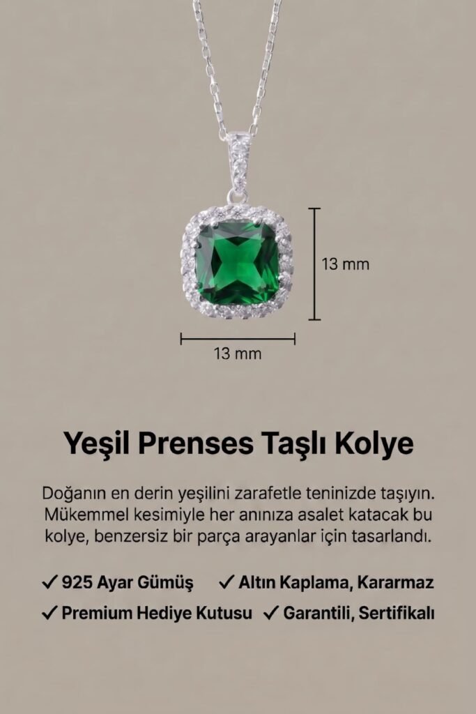 Zümrüt Yeşili Prenses Kesim 925 Ayar Gümüş Kolye | 18 Ayar Vermeil Premium Beyaz Altın Kaplama