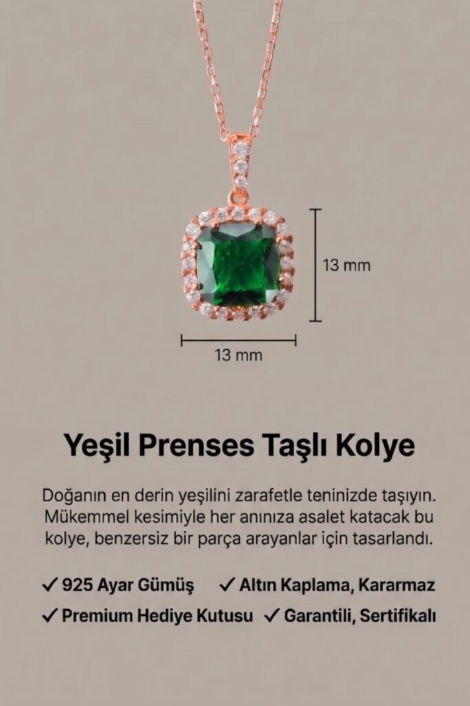 Zümrüt Yeşili Prenses Kesim 925 Ayar Gümüş Kolye | 18 Ayar Vermeil Premium Rose Altın Kaplama