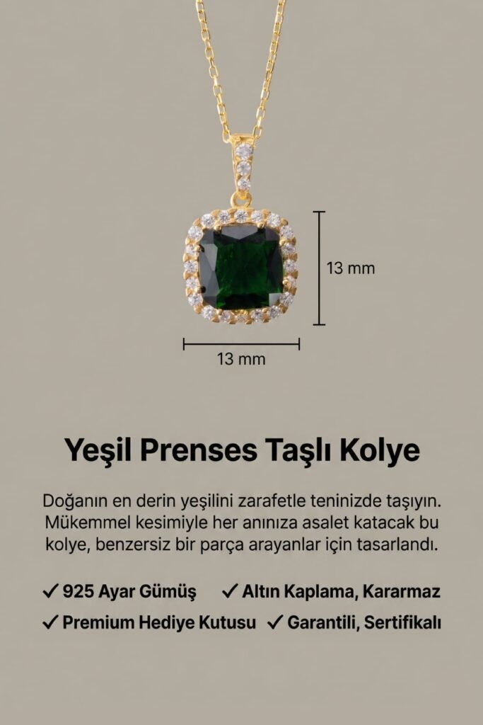Zümrüt Yeşili Prenses Kesim 925 Ayar Gümüş Kolye | 18 Ayar Vermeil Premium Sarı Altın Kaplama