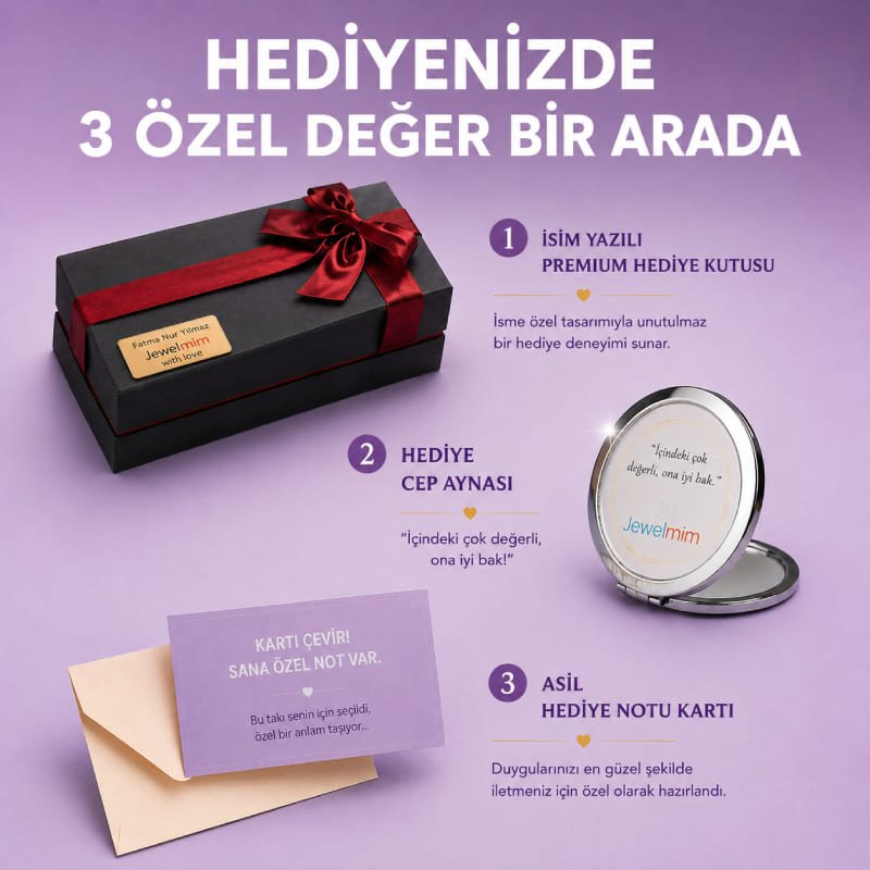 Jewelmim kişiye özel isim yazılı hediye kutusu, sürpriz mesajlı ayna ve özel hediye notu kartı seti